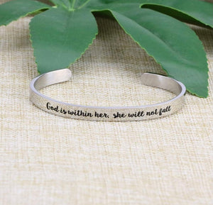 Engraved Scriptural Bracelet Cuff (God is within her she will not fall)